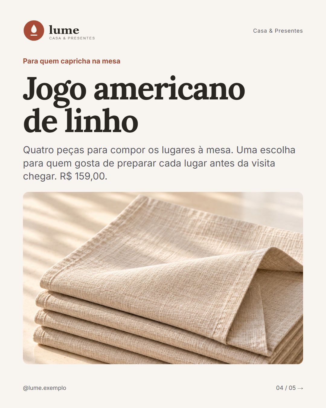 Jogo americano de linho, R$ 159,00